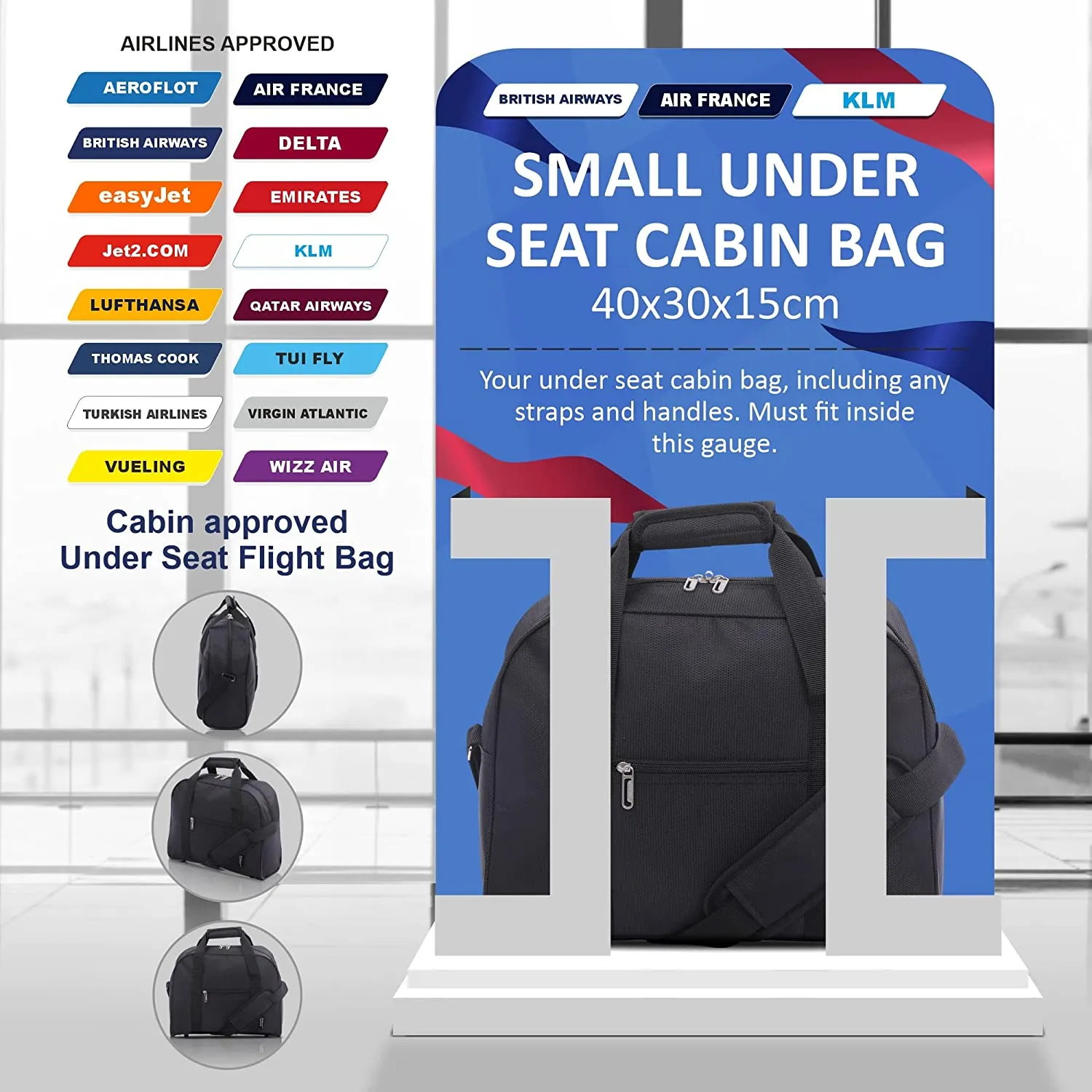 AEROLITE (40x30x15cm) British Airways Maximum, KLM, Air France, Turkish Airlines Maximum Allowance Size Holdall, Cabin Luggage Under Seat Flight Bag, Black
