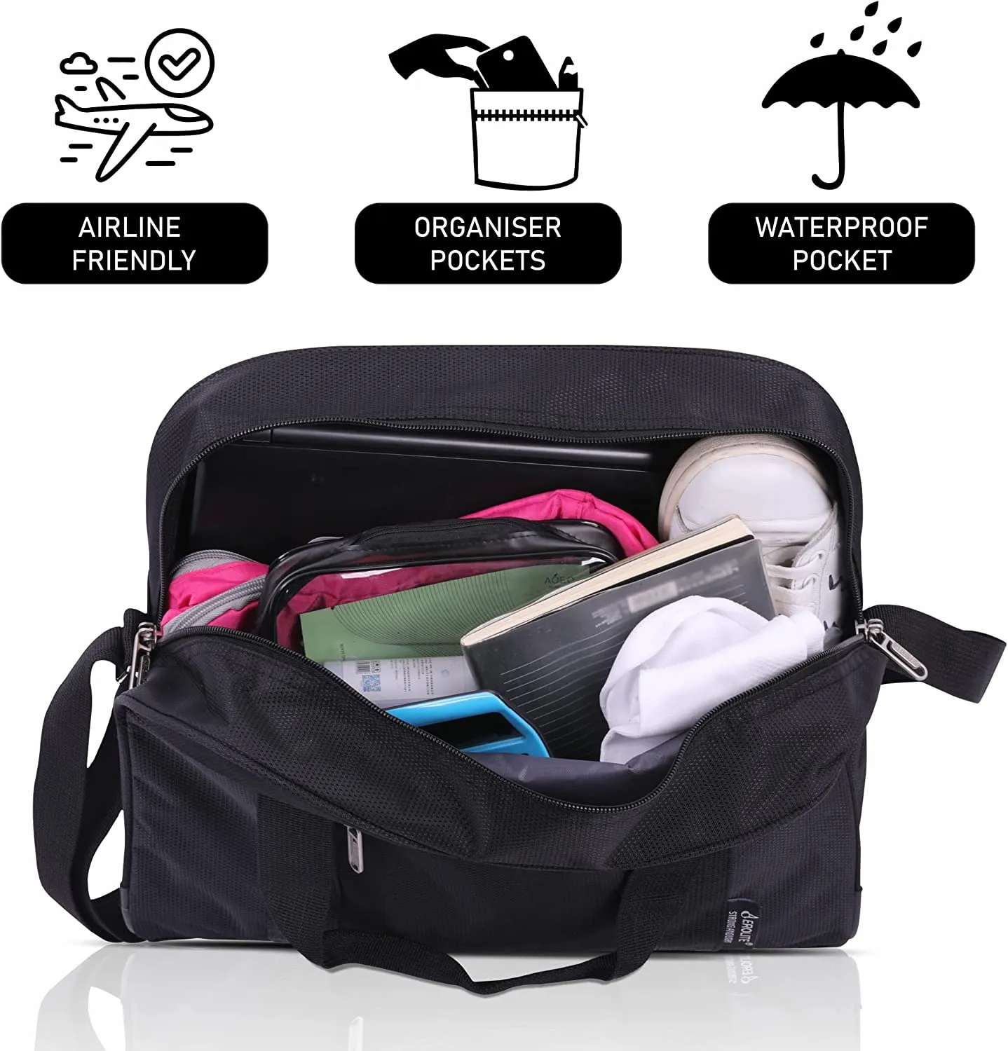 AEROLITE (40x30x15cm) British Airways Maximum, KLM, Air France, Turkish Airlines Maximum Allowance Size Holdall, Cabin Luggage Under Seat Flight Bag, Black