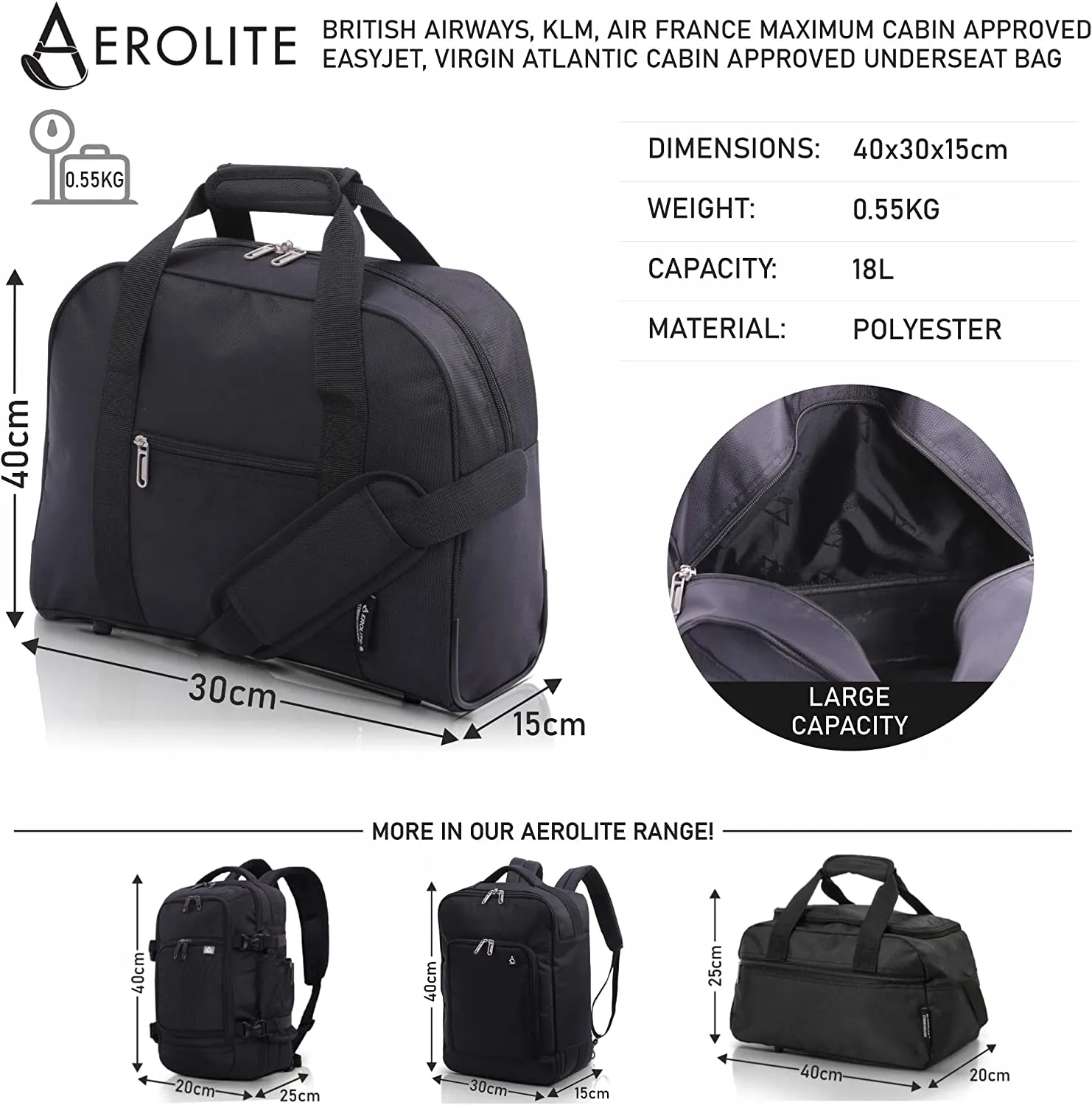 AEROLITE (40x30x15cm) British Airways Maximum, KLM, Air France, Turkish Airlines Maximum Allowance Size Holdall, Cabin Luggage Under Seat Flight Bag, Black