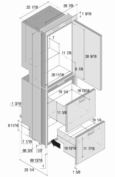 DW360IXD4-EXV-1 - Vitrifrigo Stainless Steel Top Refrigerator and Double Drawer Top Freezer / Bottom Refrigerator, Adjustable Flange OCX2 Model