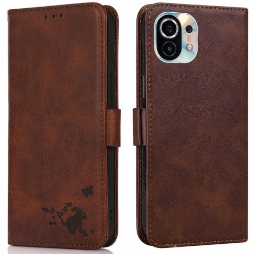 For Xiaomi Mi 11 Embossed Cat Butterflies Pattern Horizontal Flip Leather Case with Card Slot