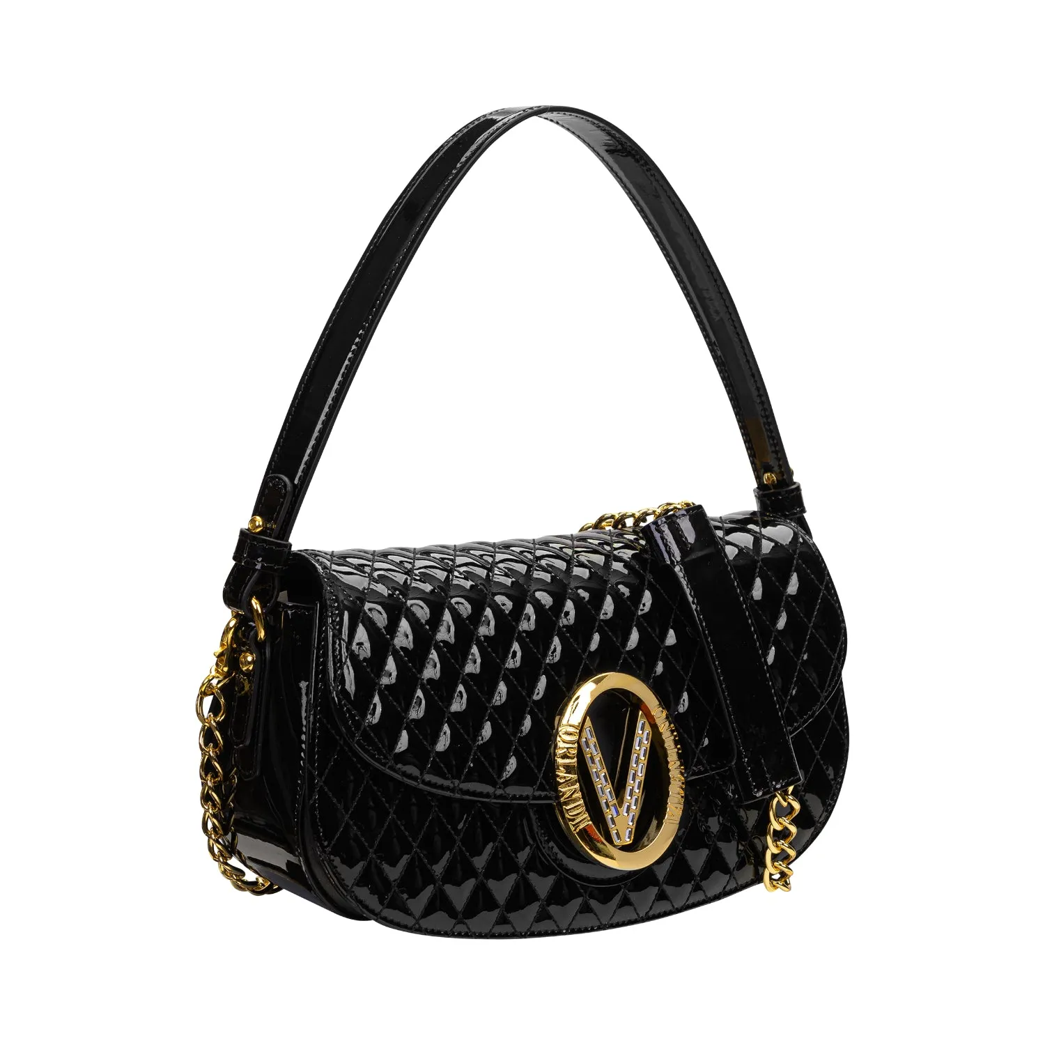 Orlandi Valentino Women's Jewel Black Quilted Patent Leather Hand Bag