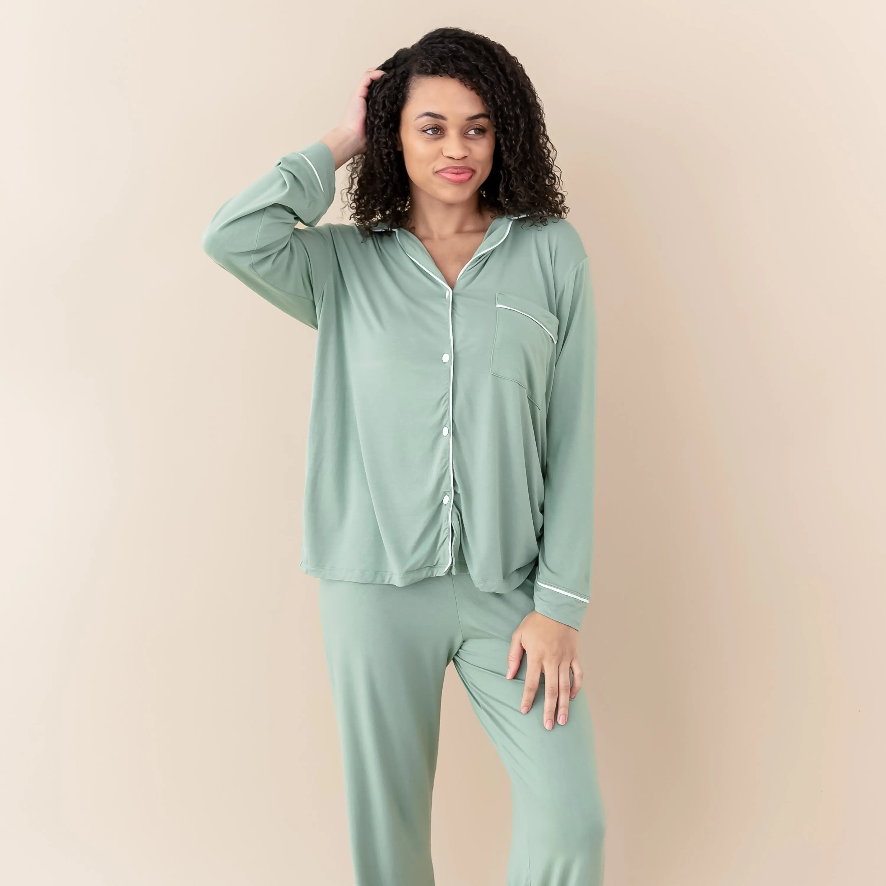 Women's Long Sleeve Pajama Set in Thyme with Cloud Trim
