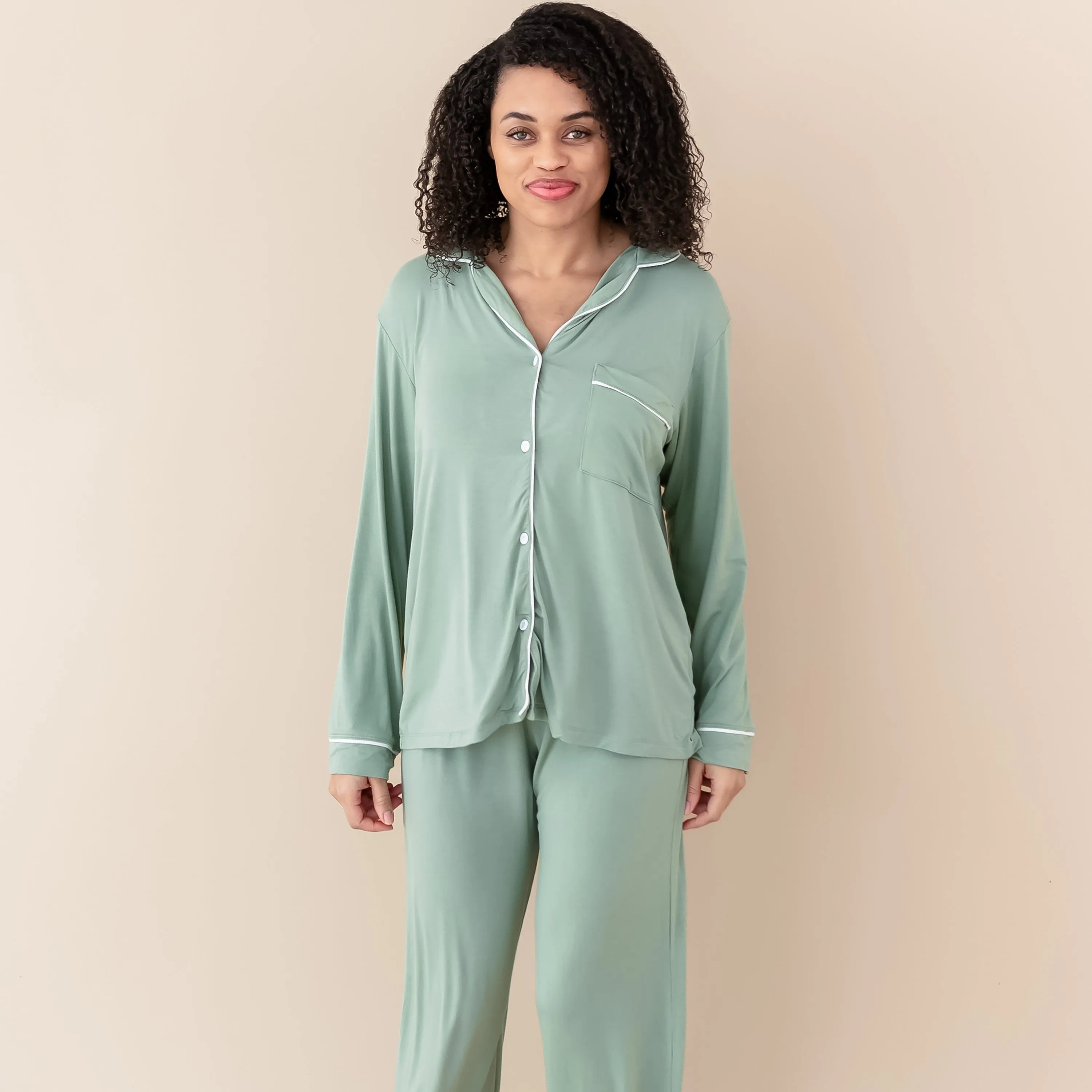 Women's Long Sleeve Pajama Set in Thyme with Cloud Trim
