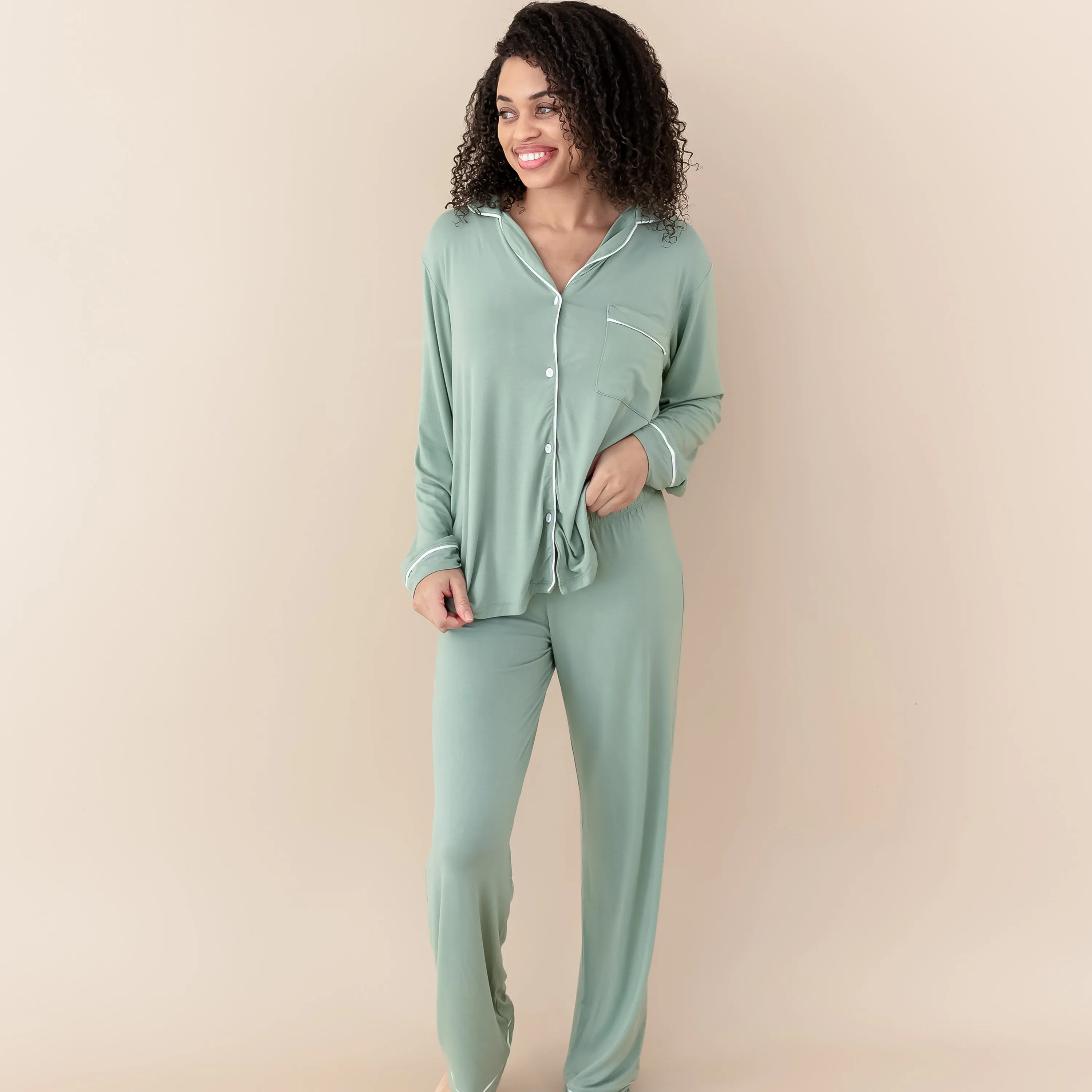 Women's Long Sleeve Pajama Set in Thyme with Cloud Trim